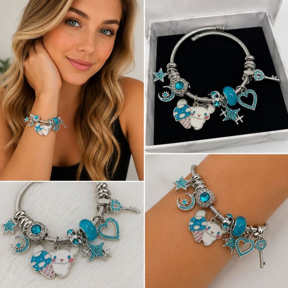 New Blue Cinnamoroll Charm Bracelet Silver Tone Adjustable Bangle Rhinestone Acc